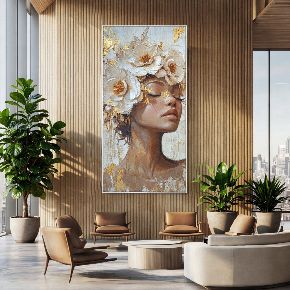 Tablou canvas cu tablou canvas cu portretul unei femei, in rama de aluminiu argintiu, pe perete intr-un birou